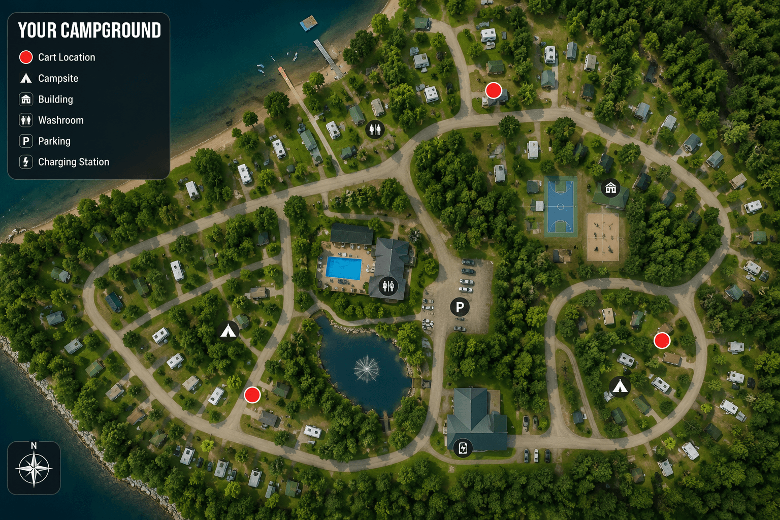 Carte fictive d’un camping partenaire avec emplacements de voiturettes