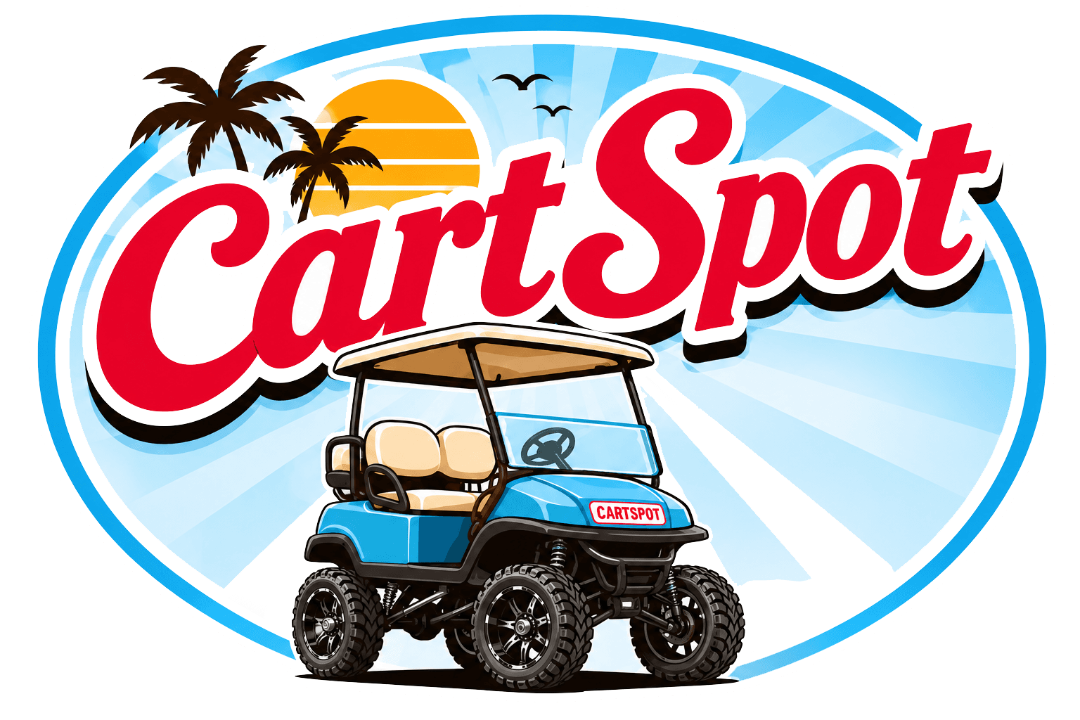 Voiturette CartSpot bleue surélevée dans un décor de vacances